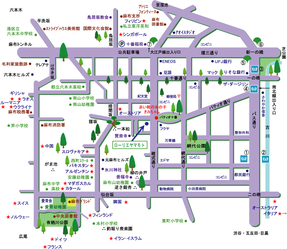 麻布十番周辺の大使館マップ